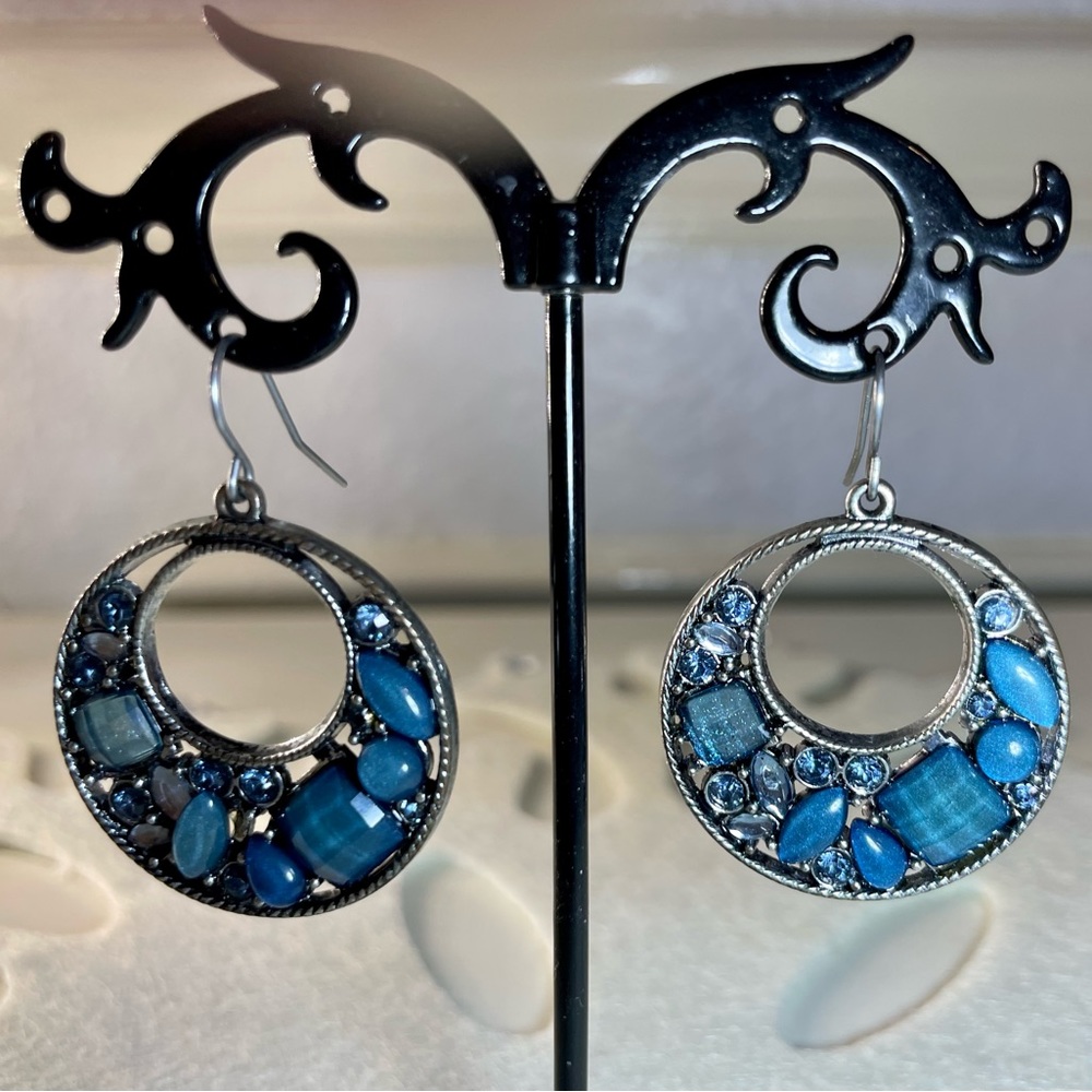 Blue Beaded Mosaic Circular Earrings